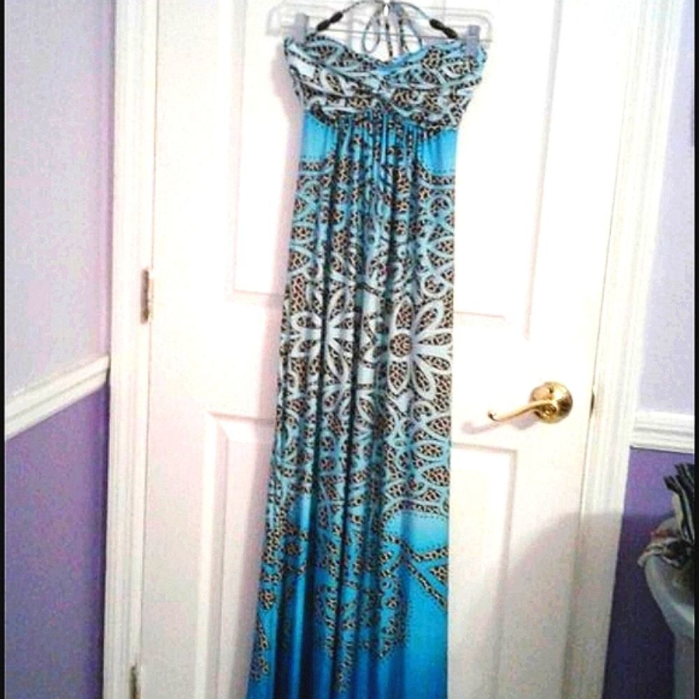 B Darlin Y2K Boho Turquoise Animal & Floral Beach Halter Maxi Dress 1/2